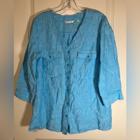 Orvis Teal Blue Linen Cuffed Sleeve Button Down Shirt, Size Medium - Picture 9 of 10